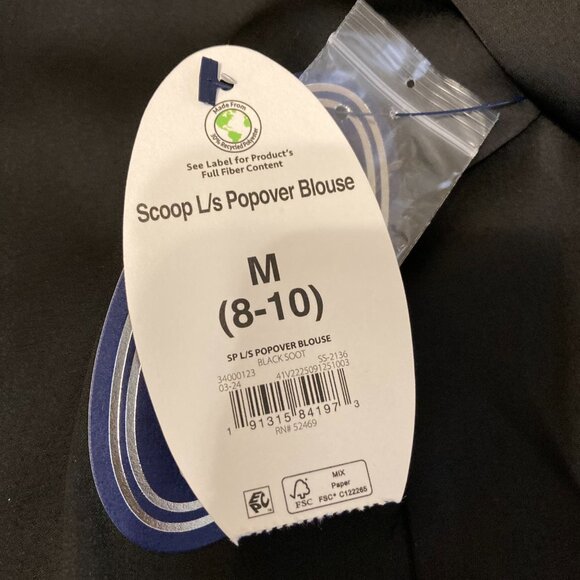 NWT, SZ M, BLACK Matte Satin V-Neck Popover Top w/ Turn Back Cuffs - Picture 4 of 4